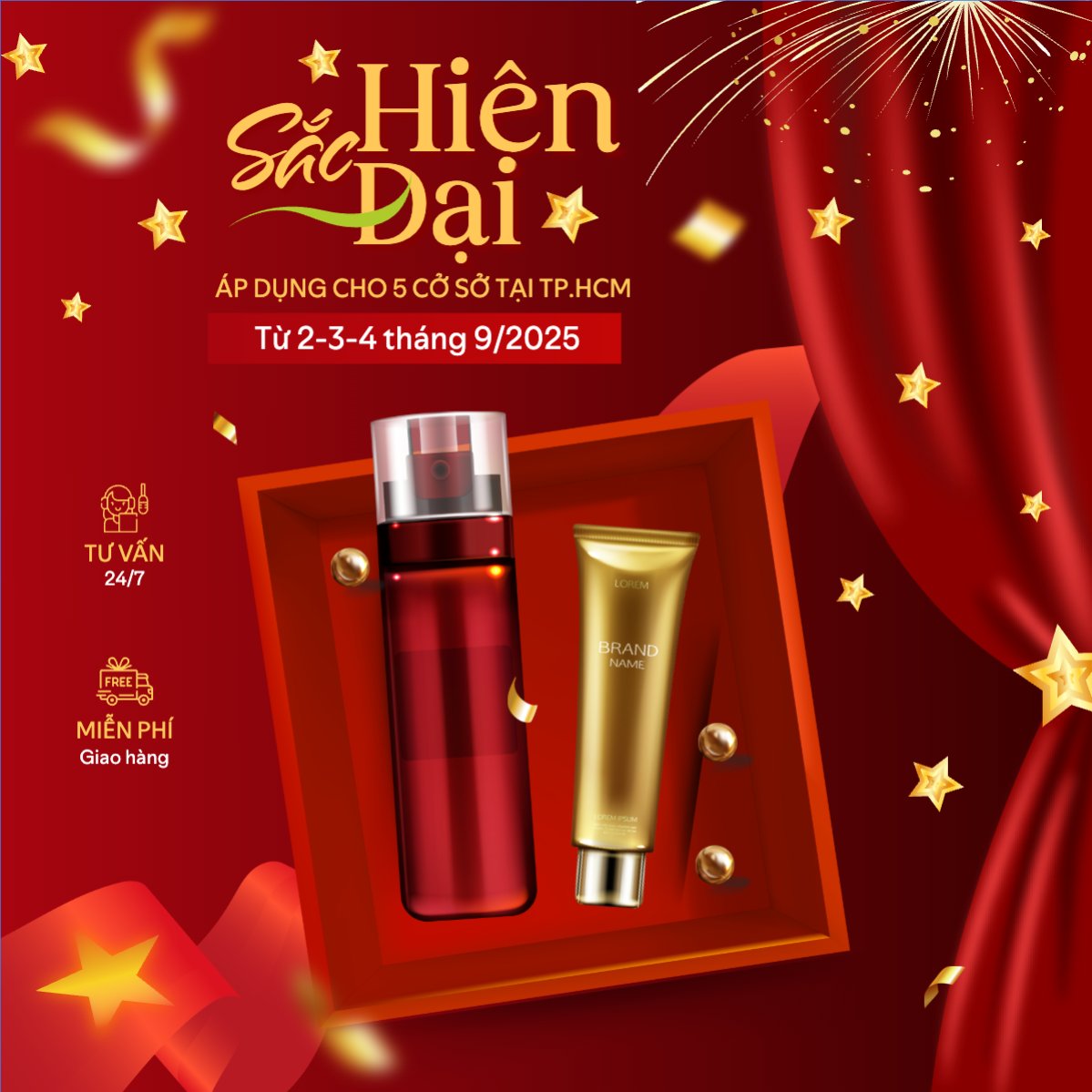 Mẫu Bài post MXH vuông 2/9, Quốc Khánh, lễ hội, Việt Nam, làm đẹp, spa, beauty, thẩm mỹ, skincare, hiện đại, modern — LayerPic
