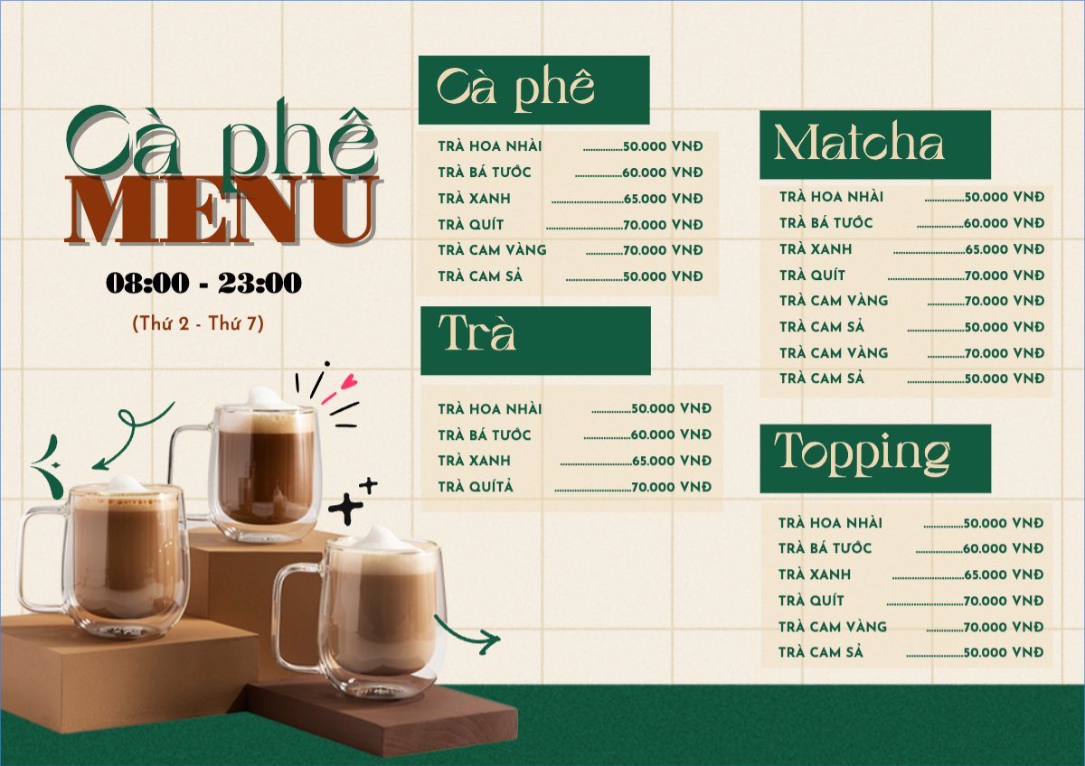 Mẫu Menu tờ rời (ngang) Nước uống, juice, giải khát, F&B, drink, coffee, cà phê — LayerPic