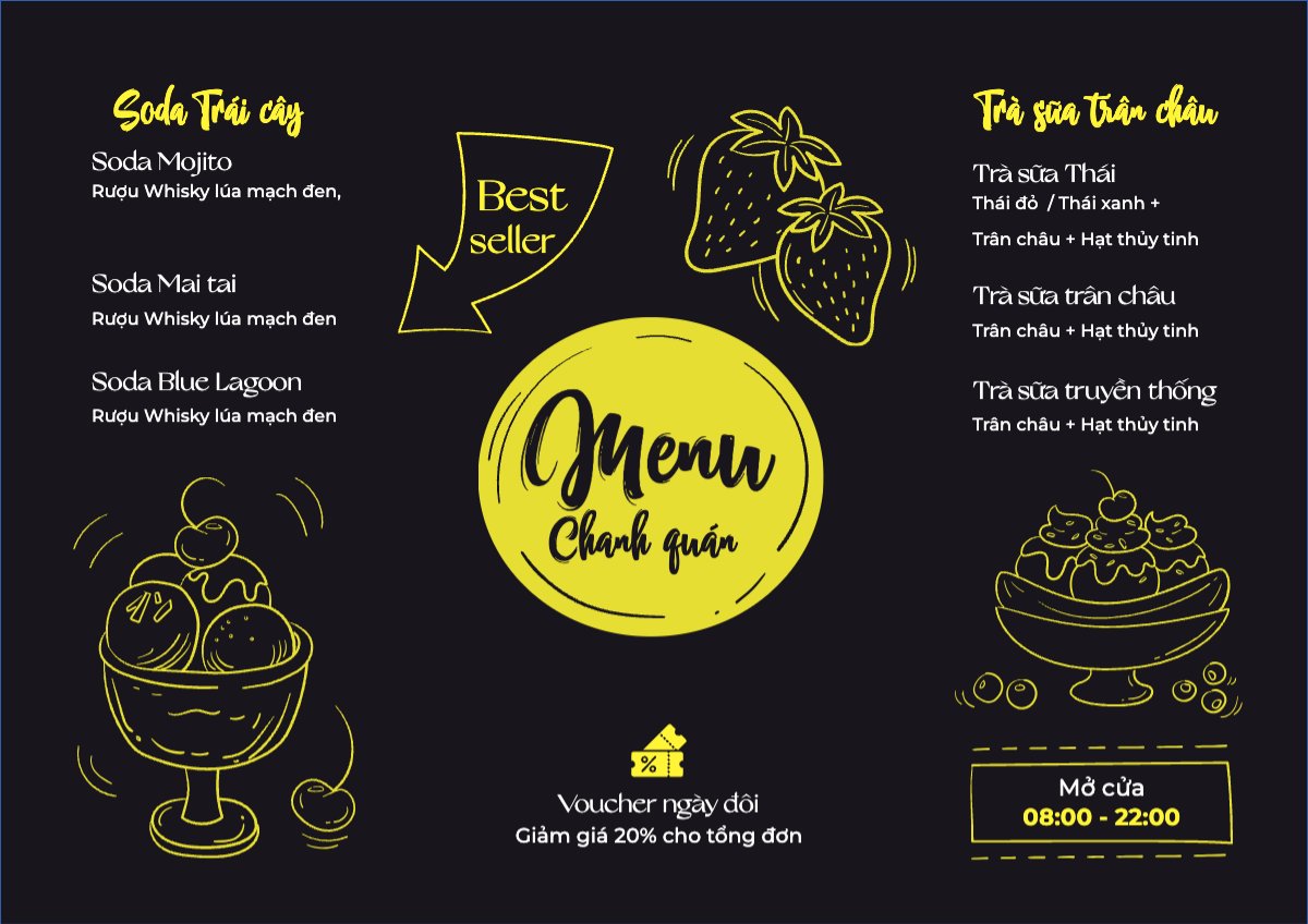 Mẫu Menu tờ rời (ngang) Nước uống, juice, giải khát, F&B, drink, nước ép, smoothie, sinh tố, cooktail, bar, trà sữa, milktea — LayerPic