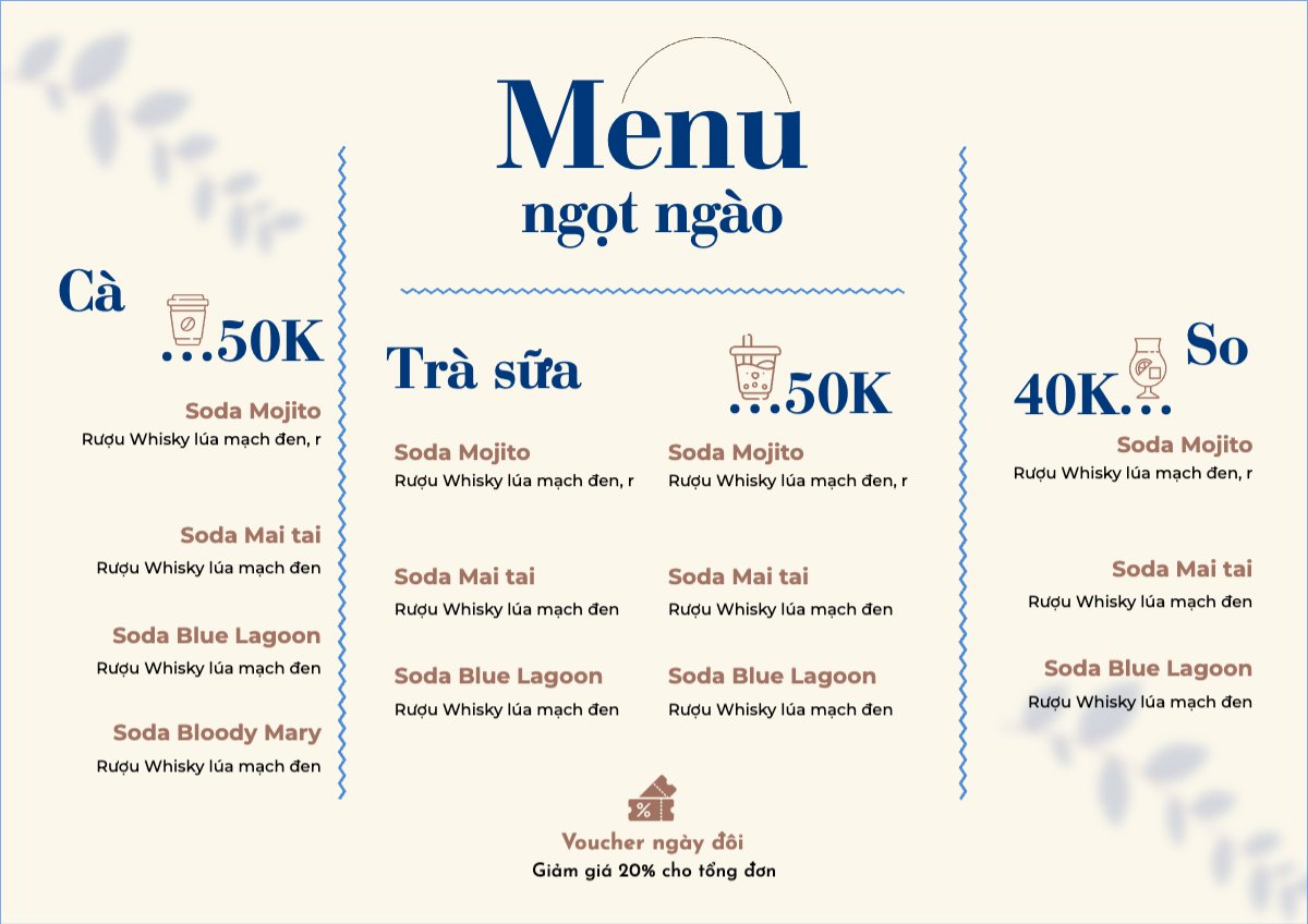 Mẫu Menu tờ rời (ngang) Nước uống, juice, giải khát, F&B, drink, nước ép, smoothie, sinh tố, cooktail, bar, trà sữa, milktea — LayerPic