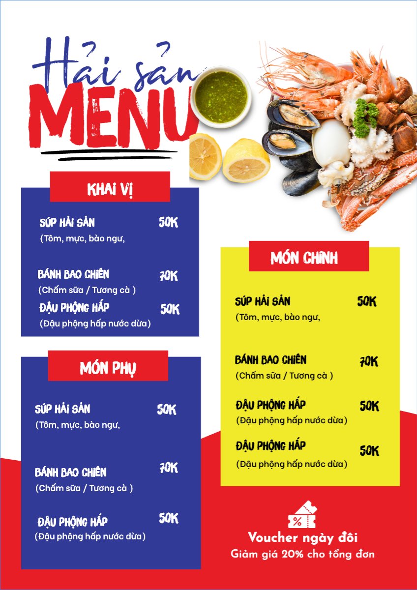 Mẫu Menu tờ rời (dọc) Đồ ăn, food, thực phẩm, ẩm thực, món ăn, F&B, nhà hàng, thức ăn, hải sản — LayerPic