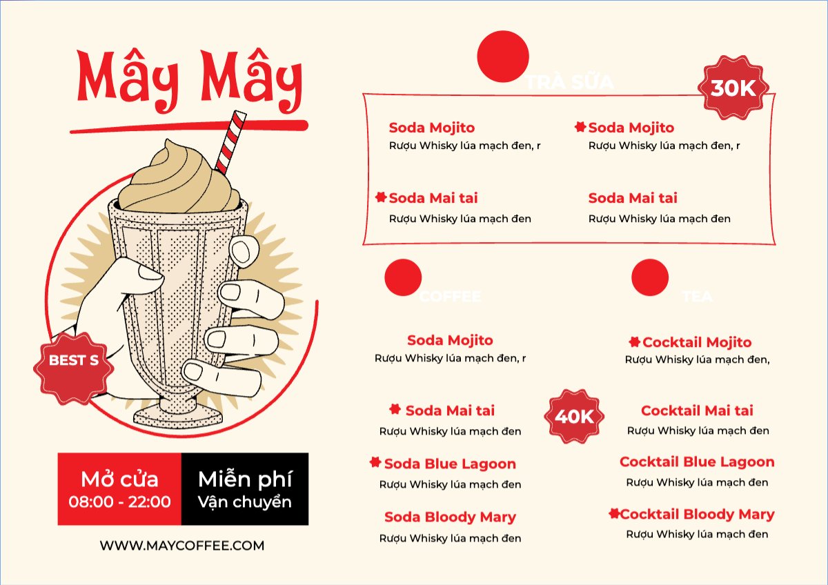 Mẫu Menu tờ rời (ngang) Nước uống, juice, giải khát, F&B, drink, nước ép, smoothie, sinh tố, cooktail, bar, trà sữa, milktea — LayerPic