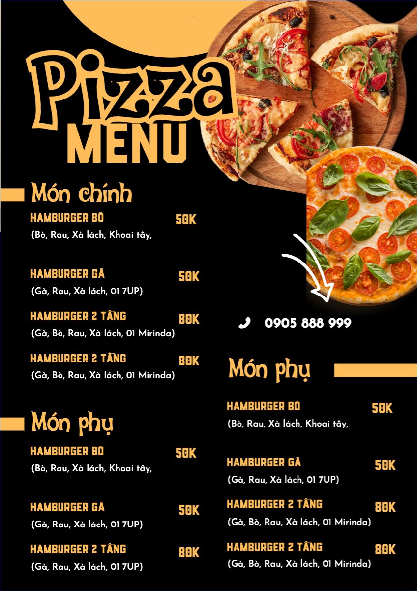 Mẫu Menu tờ rời (dọc) Đồ ăn, food, thực phẩm, ẩm thực, món ăn, F&B, nhà hàng, thức ăn, pizza — LayerPic