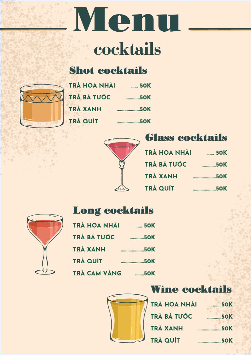 Mẫu Menu tờ rời (dọc) Nước uống, juice, giải khát, F&B, drink, cocktail — LayerPic
