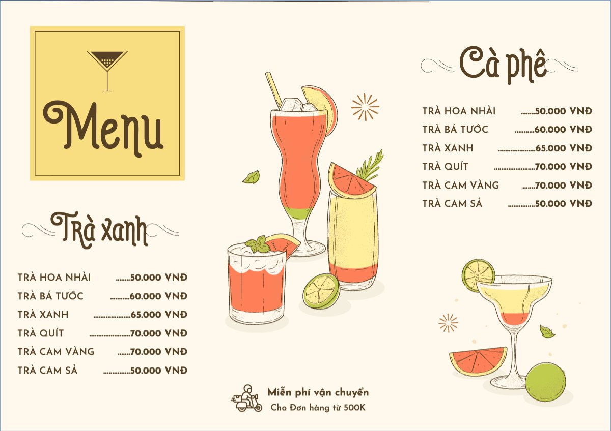 Mẫu Menu tờ rời (ngang) Nước uống, juice, giải khát, F&B, drink, nước ép, smoothie, sinh tố, cooktail, bar, trà sữa, milktea, soda — LayerPic