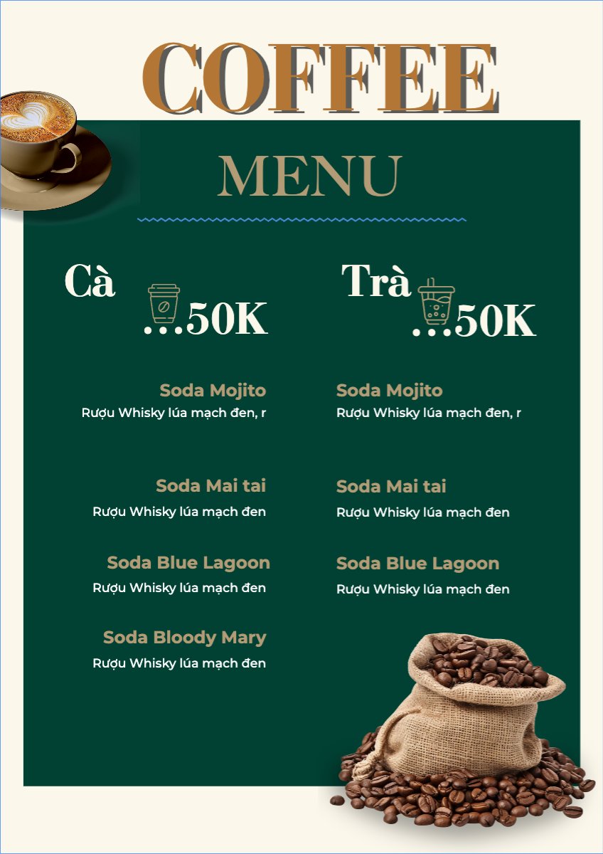 Mẫu Menu tờ rời (dọc) Nước uống, juice, giải khát, F&B, drink, coffee, cà phê — LayerPic