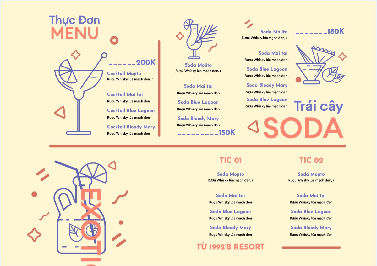 Mẫu Menu tờ rời (ngang) Nước uống, juice, giải khát, F&B, drink, nước ép, smoothie, sinh tố, cooktail, bar, trà sữa, milktea, soda — LayerPic