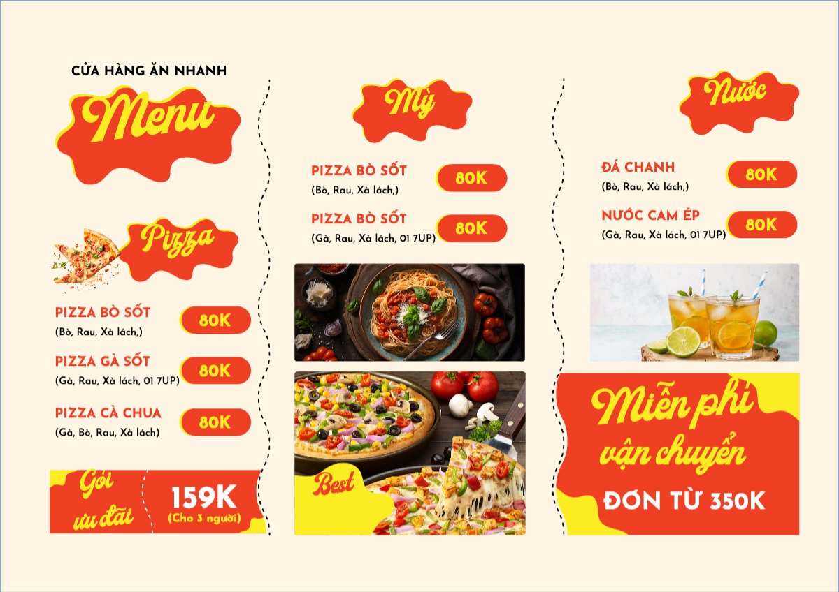 Mẫu Menu tờ rời (ngang) Đồ ăn, food, thực phẩm, ẩm thực, món ăn, F&B, nhà hàng, thức ăn, fastfood, pizza, pasta — LayerPic
