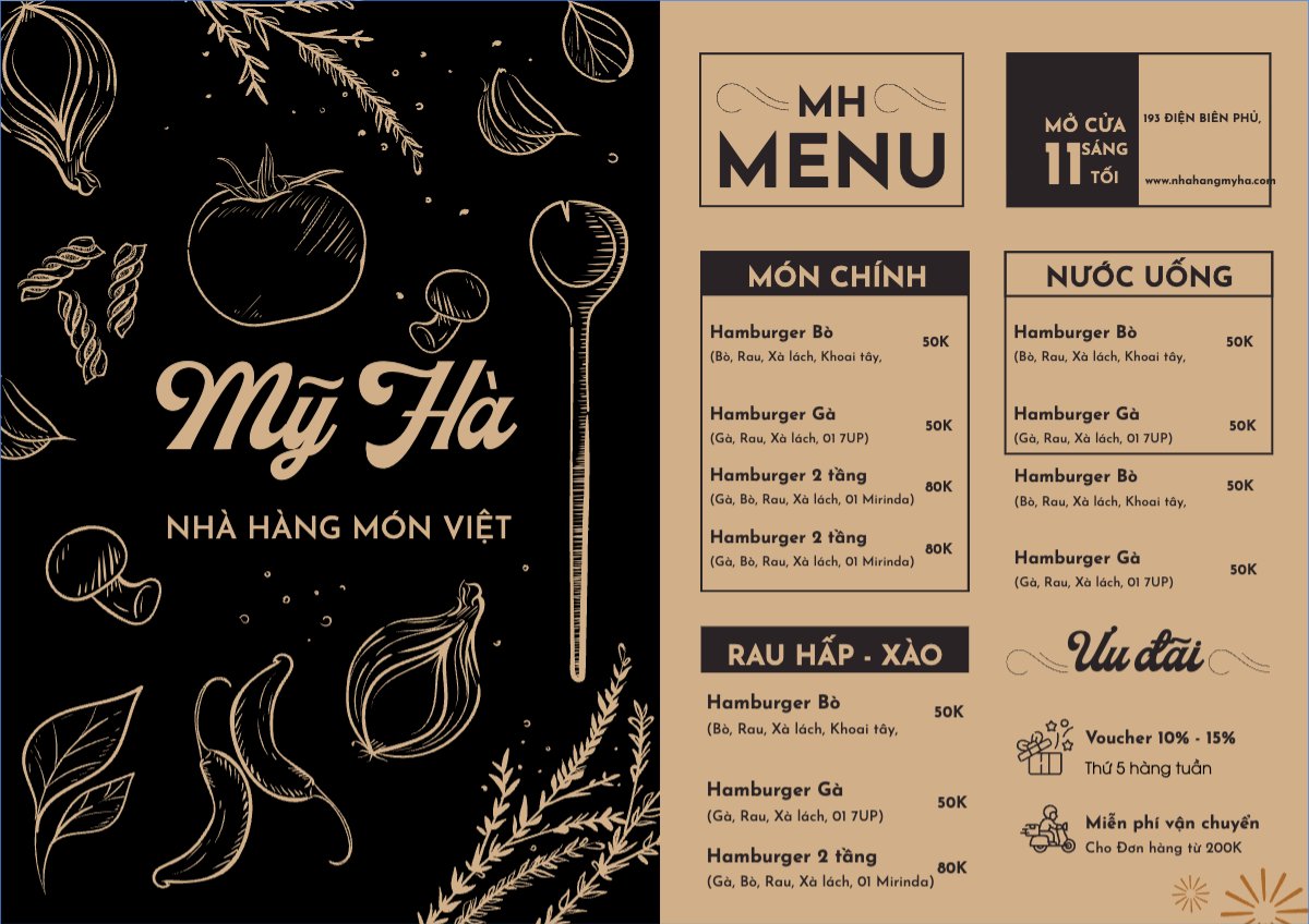Mẫu Menu tờ rời (ngang) Đồ ăn, food, thực phẩm, ẩm thực, món ăn, F&B, nhà hàng, thức ăn — LayerPic