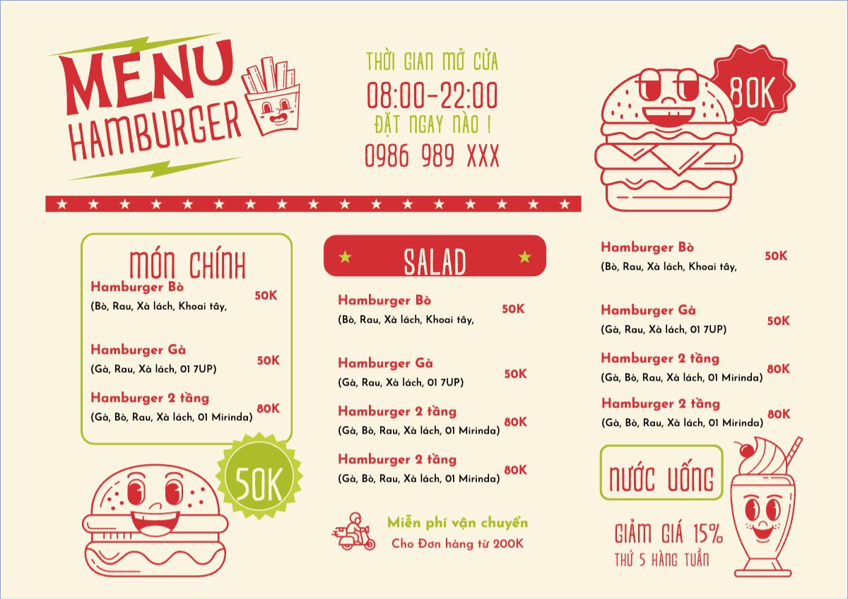 Mẫu Menu tờ rời (ngang) Đồ ăn, food, thực phẩm, ẩm thực, món ăn, F&B, nhà hàng, thức ăn, hamburger — LayerPic