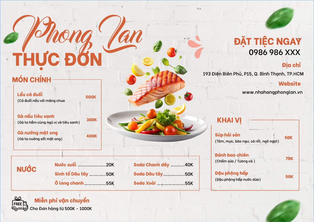 Mẫu Menu tờ rời (ngang) Đồ ăn, food, thực phẩm, ẩm thực, món ăn, F&B, nhà hàng, thức ăn — LayerPic