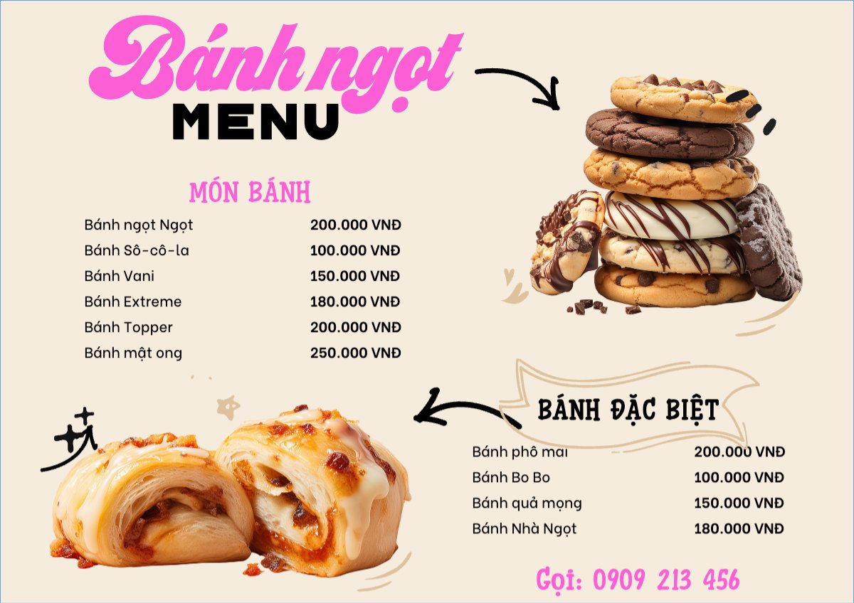 Mẫu Menu tờ rời (ngang) Đồ ăn, food, thực phẩm, ẩm thực, món ăn, F&B, nhà hàng, thức ăn, cake, bánh — LayerPic