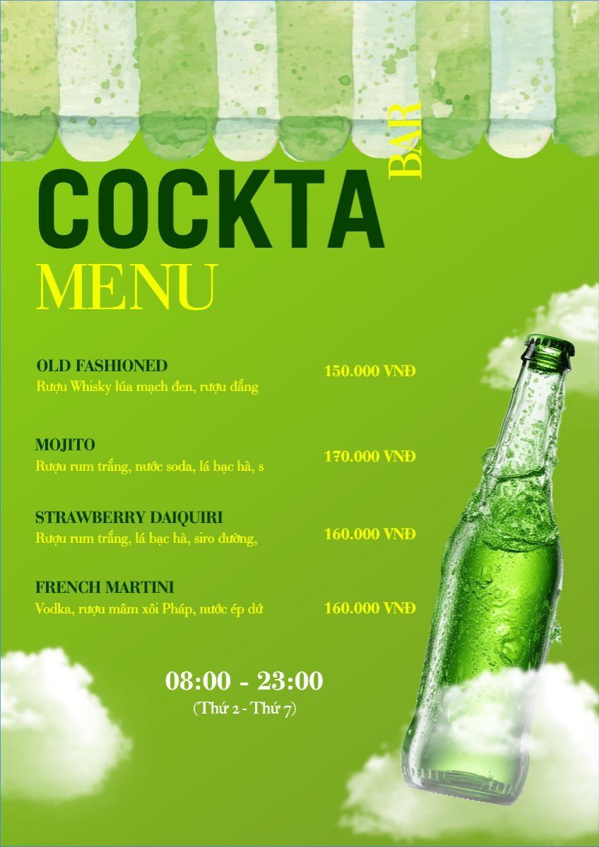 Mẫu Menu tờ rời (dọc) Nước uống, juice, giải khát, F&B, drink, cocktail — LayerPic