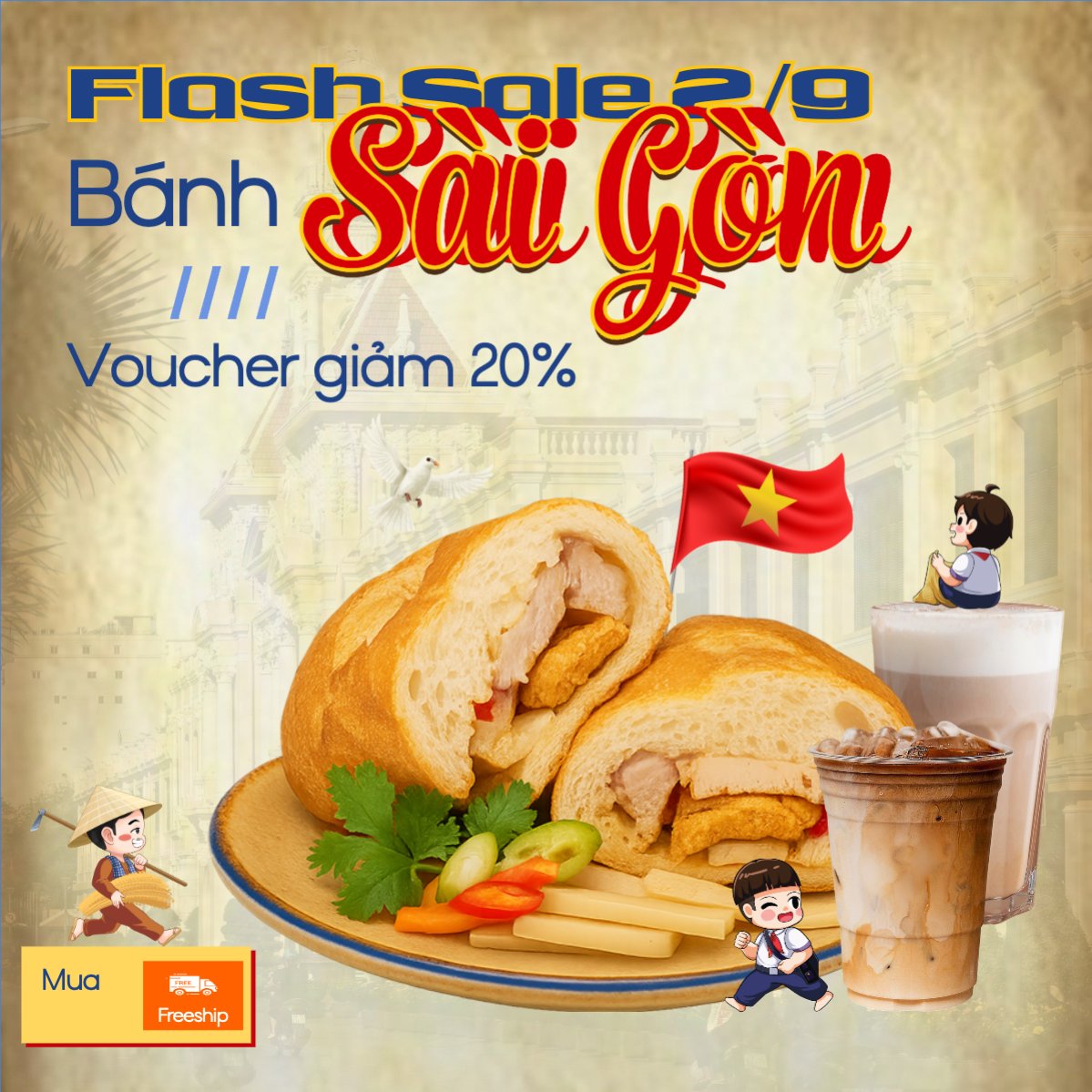 Mẫu Bài post MXH vuông 2/9, Quốc Khánh, lễ hội, Việt Nam, đồ ăn, food, thực phẩm, ẩm thực, món ăn, F&B, thức ăn, cổ điển, vintage, retro, classic — LayerPic
