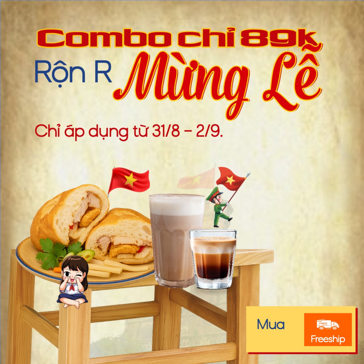 Mẫu Bài post MXH vuông 2/9, Quốc Khánh, lễ hội, Việt Nam, đồ ăn, food, thực phẩm, ẩm thực, món ăn, F&B, thức ăn, cổ điển, vintage, retro, classic — LayerPic