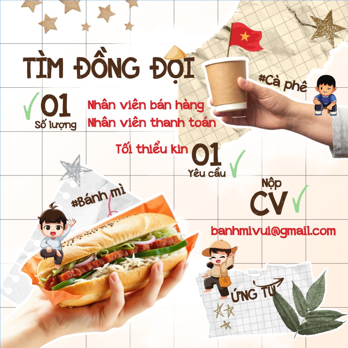 Mẫu Bài post MXH vuông Bánh mì, bán hàng, tuyển dụng, cà phê, nước uống, đồ ăn, food, thực phẩm, ẩm thực, món ăn, F&B, thức ăn — LayerPic