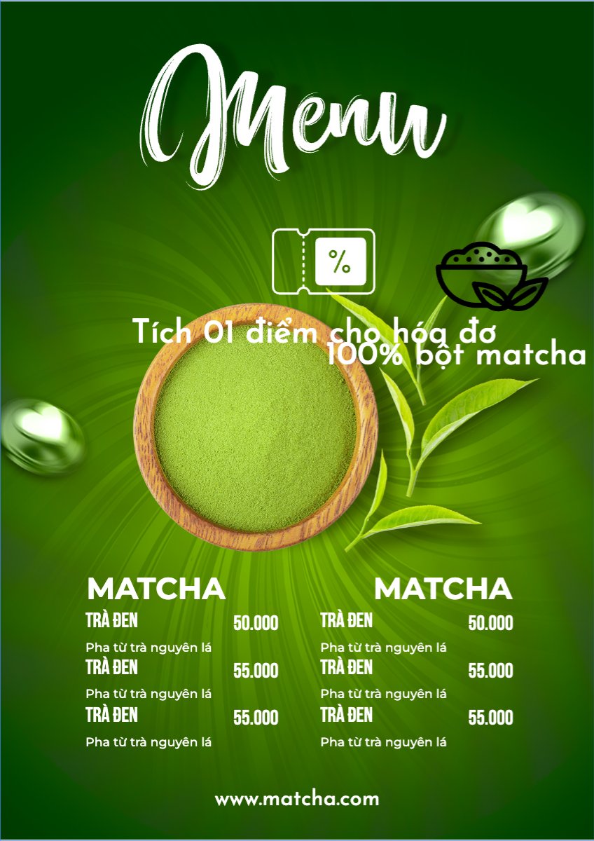Mẫu Menu tờ rời (dọc) Đồ ăn, food, thực phẩm, ẩm thực, món ăn, F&B, nhà hàng, thức ăn, matcha — LayerPic