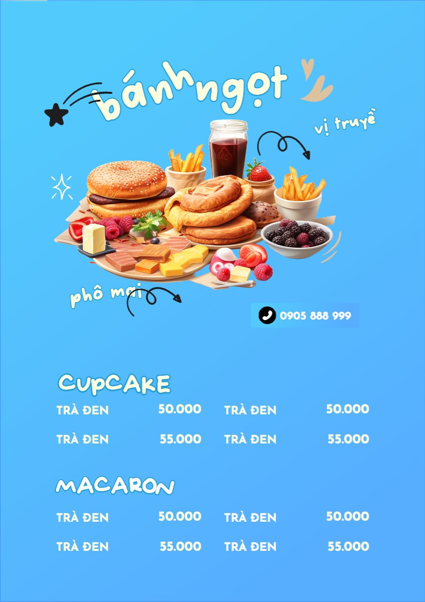 Mẫu Menu tờ rời (dọc) Đồ ăn, food, thực phẩm, ẩm thực, món ăn, F&B, nhà hàng, thức ăn, cake, bánh ngọt, bakery — LayerPic