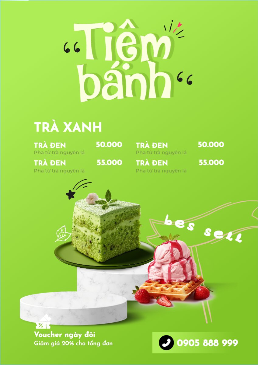 Mẫu Menu tờ rời (dọc) Đồ ăn, food, thực phẩm, ẩm thực, món ăn, F&B, nhà hàng, thức ăn, cake, bánh ngọt, bakery — LayerPic