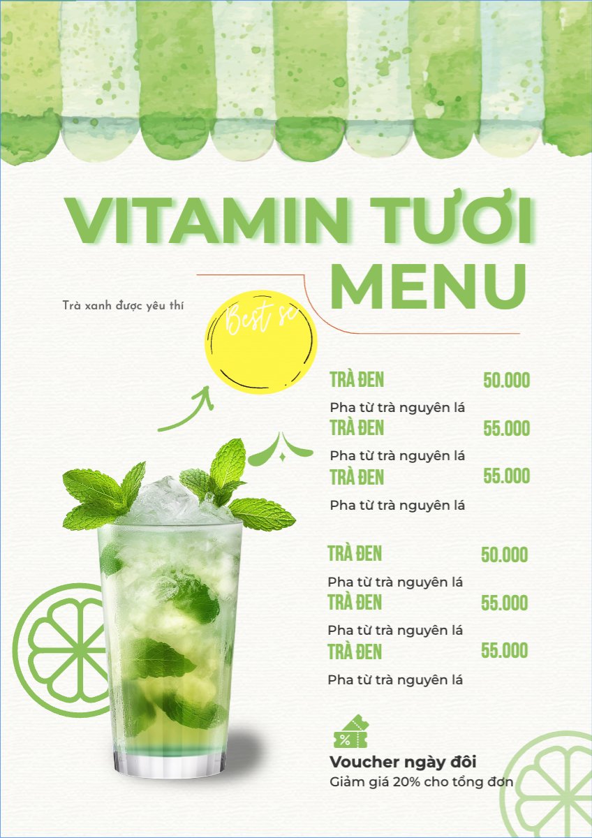 Mẫu Menu tờ rời (dọc) Nước uống, juice, giải khát, F&B, drink, nước ép — LayerPic