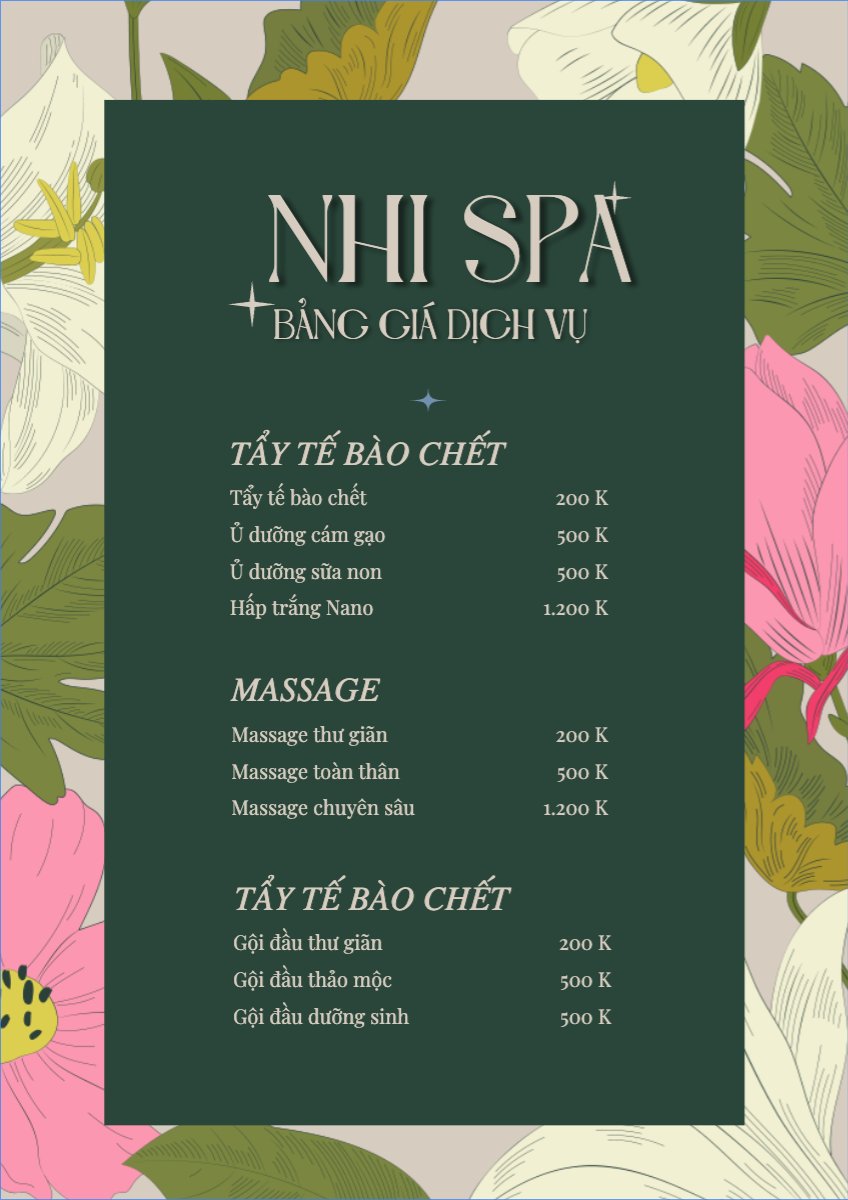 Mẫu Menu tờ rời (dọc) Spa, beauty, làm đẹp, thẩm mỹ — LayerPic