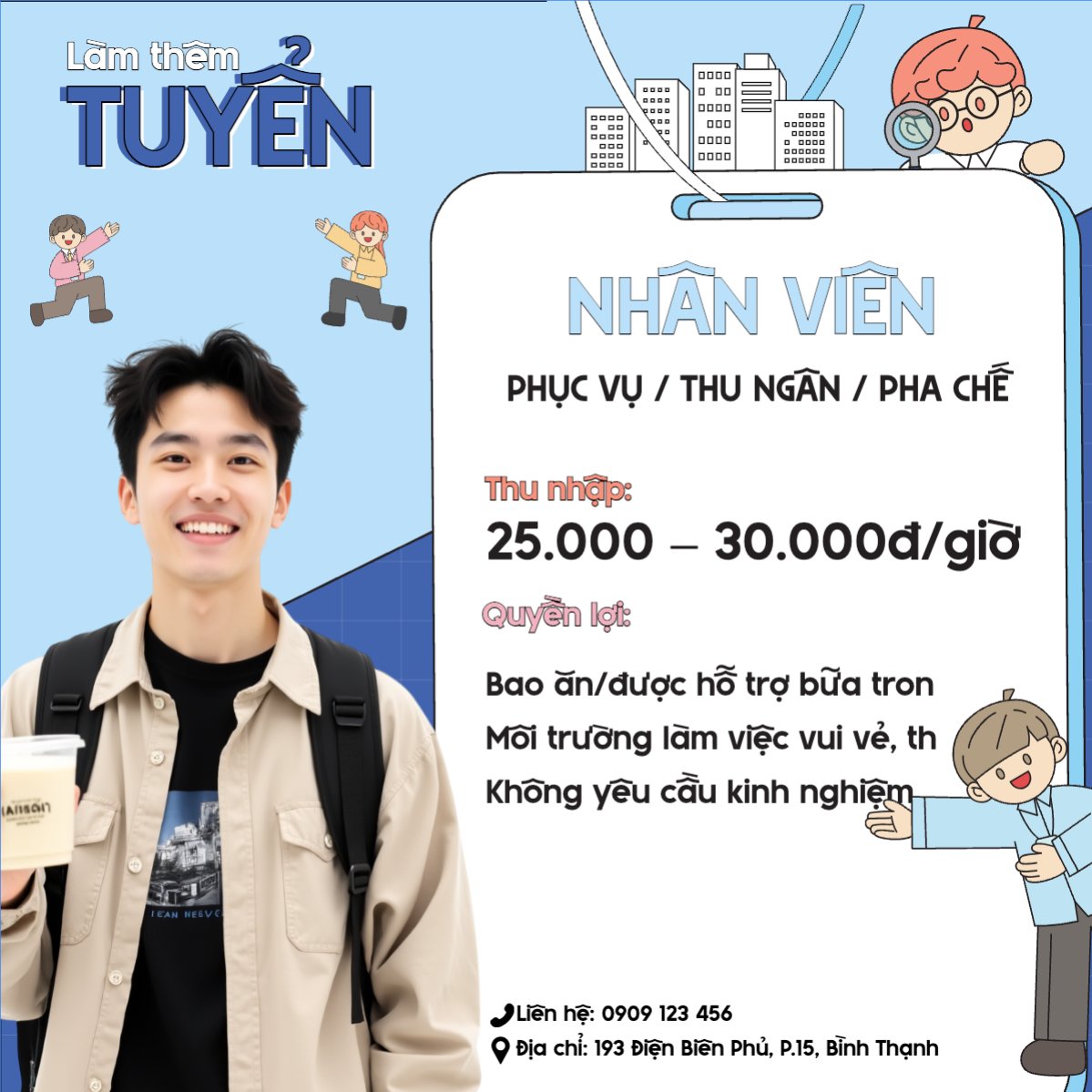 Mẫu Bài post MXH vuông Phục vụ, tuyển dụng, nước uống, juice, giải khát, F&B, drink, dễ thương, cute, chibi, hoạt hình, cartoon — LayerPic