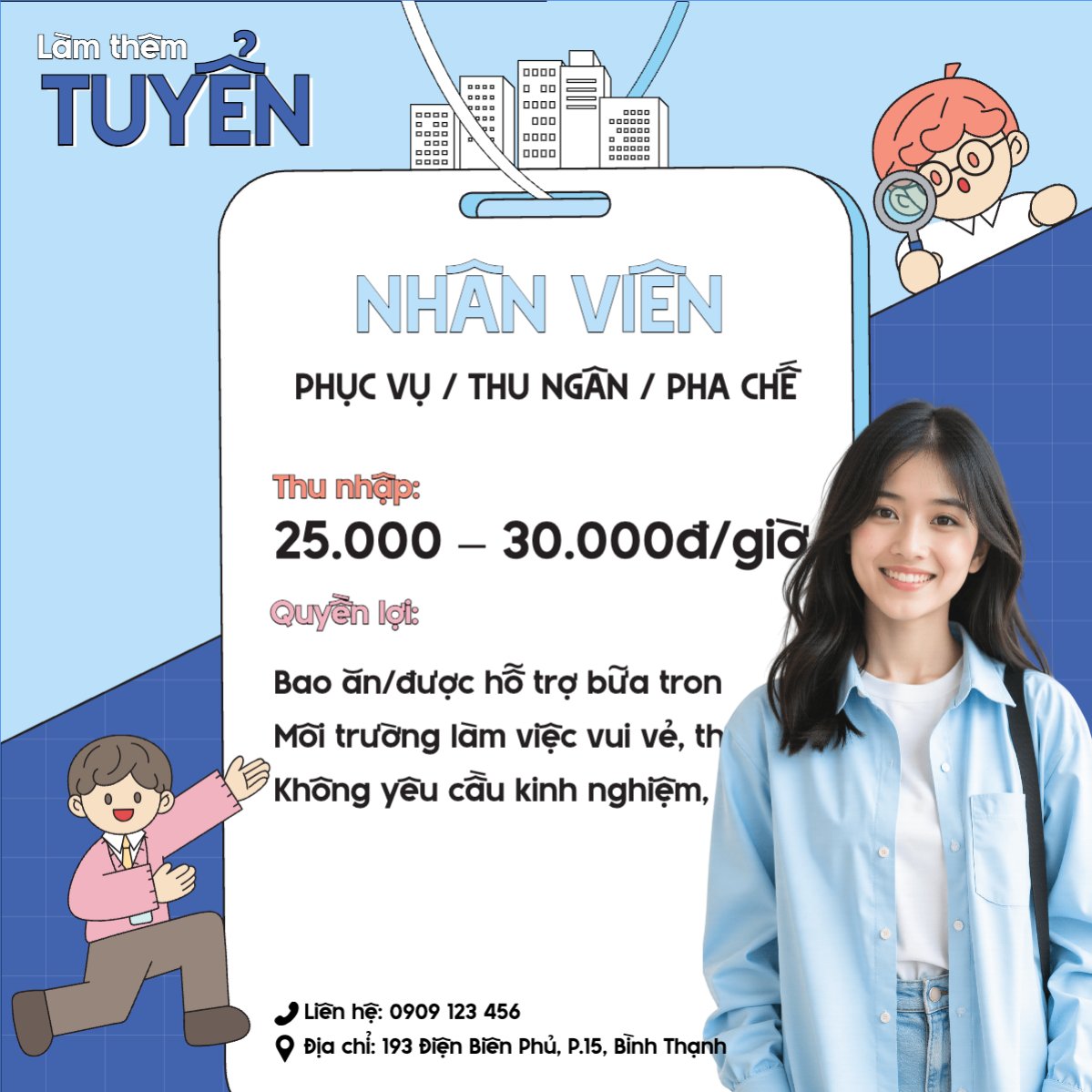 Mẫu Bài post MXH vuông Phục vụ, tuyển dụng, nước uống, juice, giải khát, F&B, drink, dễ thương, cute, chibi, hoạt hình, cartoon — LayerPic