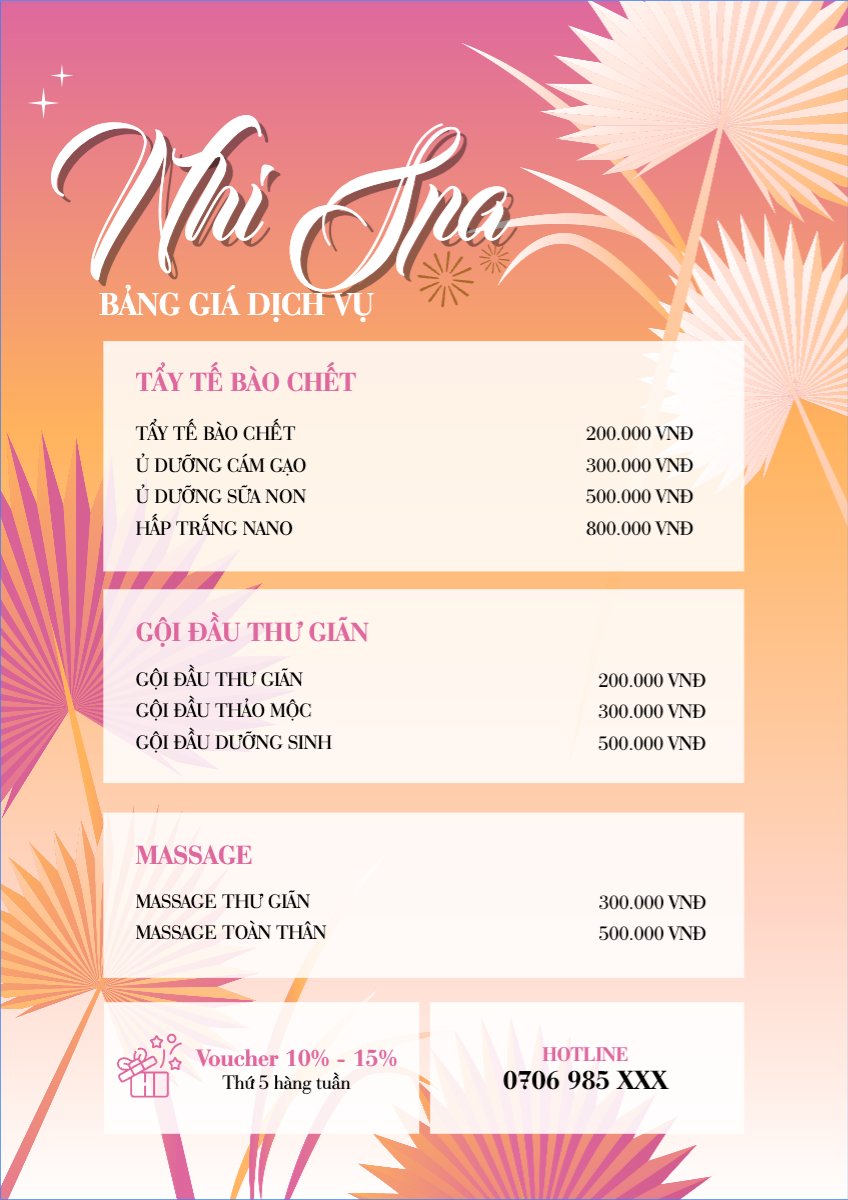 Mẫu Menu tờ rời (dọc) Spa, beauty, làm đẹp, thẩm mỹ — LayerPic