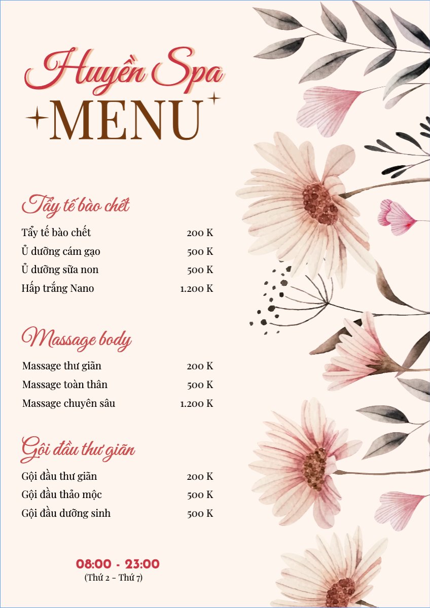 Mẫu Menu tờ rời (dọc) Spa, beauty, làm đẹp, thẩm mỹ — LayerPic