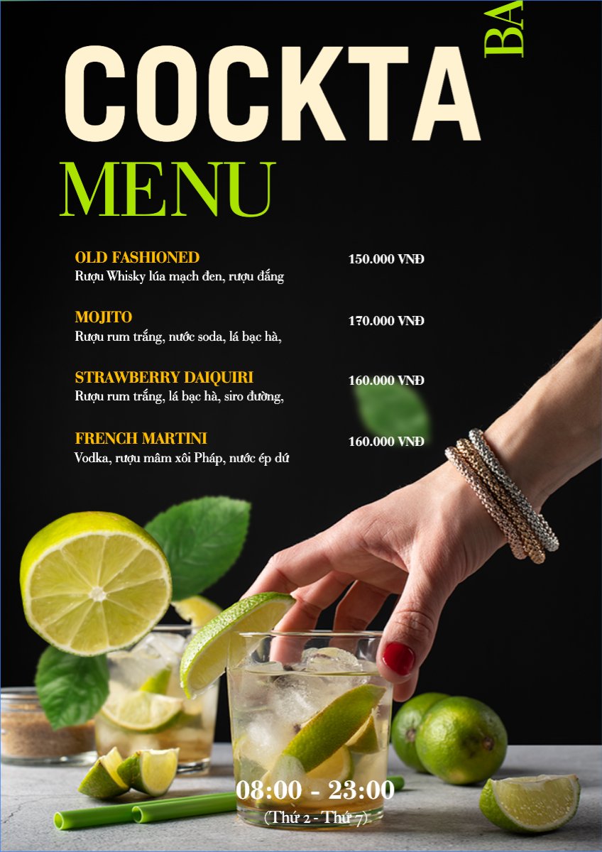 Mẫu Menu tờ rời (dọc) Nước uống, juice, giải khát, F&B, drink, cooktail, bar — LayerPic
