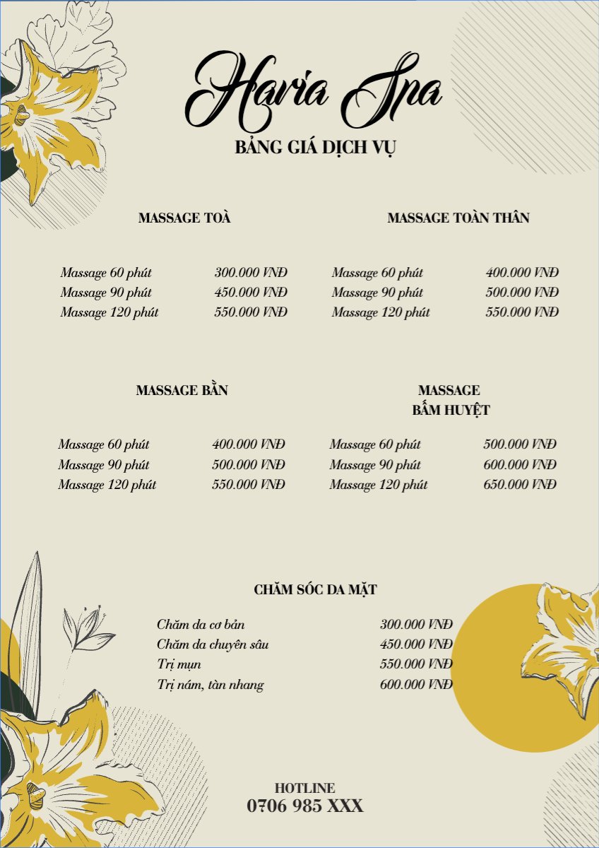 Mẫu Menu tờ rời (dọc) Spa, beauty, làm đẹp, thẩm mỹ — LayerPic