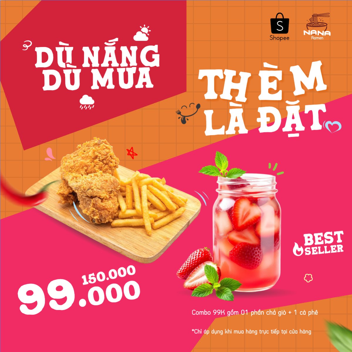 Mẫu Bài post MXH vuông Gà, gà rán, trà dâu, nước uống, đồ ăn, food, thực phẩm, ẩm thực, món ăn, F&B, nhà hàng, thức ăn, dễ thương, hiện đại — LayerPic