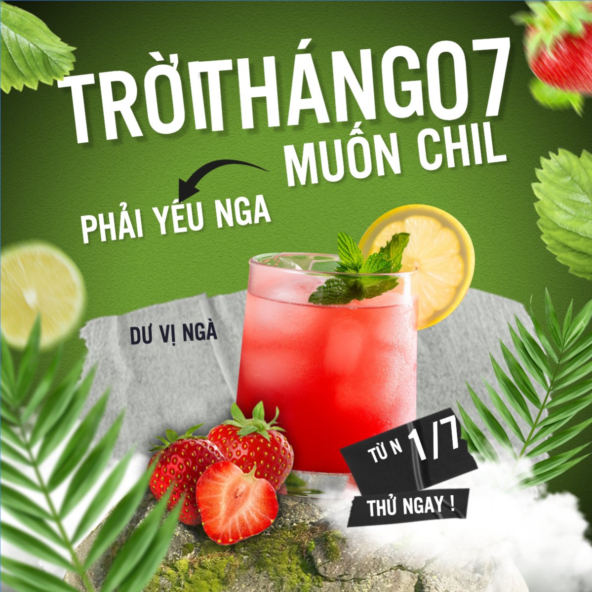 Mẫu Bài post MXH vuông Trà dâu, nước uống, juice, giải khát, F&B, drink, cafe, coffee, cà phê, trà sữa, milk tea, hiện đại — LayerPic