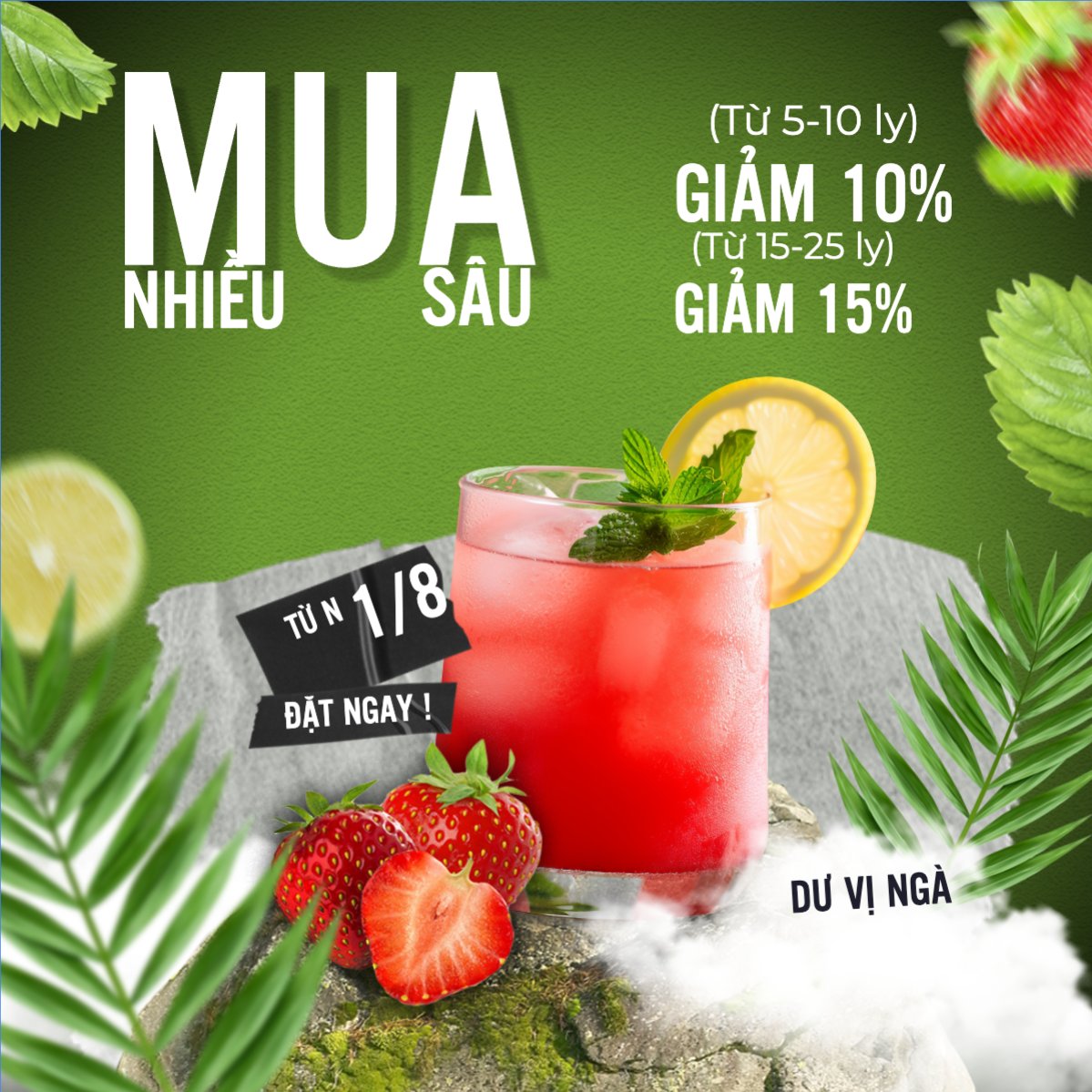 Mẫu Bài post MXH vuông Trà dâu, nước uống, juice, giải khát, F&B, drink, cafe, coffee, cà phê, trà sữa, milk tea, hiện đại — LayerPic