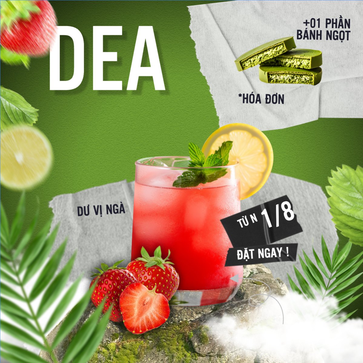 Mẫu Bài post MXH vuông Trà dâu, nước uống, juice, giải khát, F&B, drink, cafe, coffee, cà phê, trà sữa, milk tea, hiện đại — LayerPic