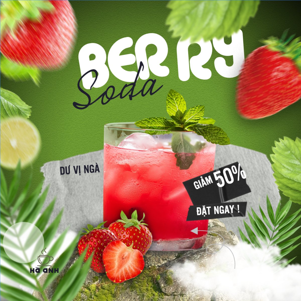 Mẫu Bài post MXH vuông Trà dâu, nước uống, juice, giải khát, F&B, drink, cafe, coffee, cà phê, trà sữa, milk tea, hiện đại — LayerPic