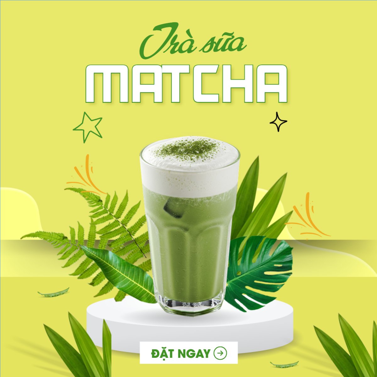Mẫu Bài post MXH vuông Matcha latte, trà xanh, trà sữa, milktea, nước uống, juice, giải khát, F&B, drink, hiện đại — LayerPic