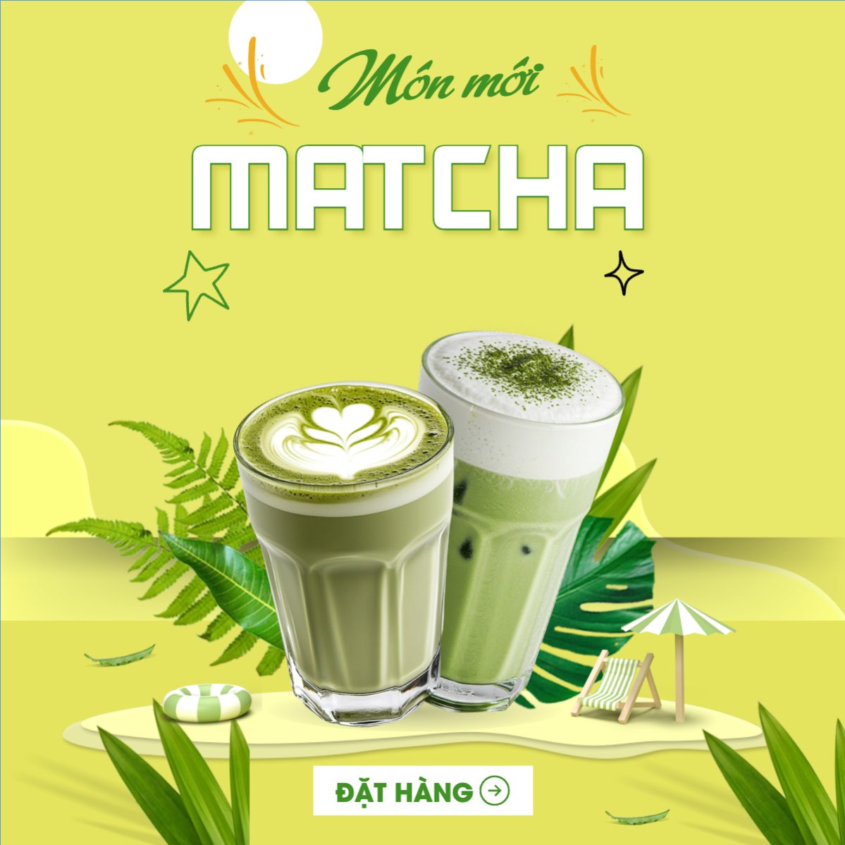 Mẫu Bài post MXH vuông Matcha latte, trà xanh, trà sữa, milktea, nước uống, juice, giải khát, F&B, drink, hiện đại — LayerPic
