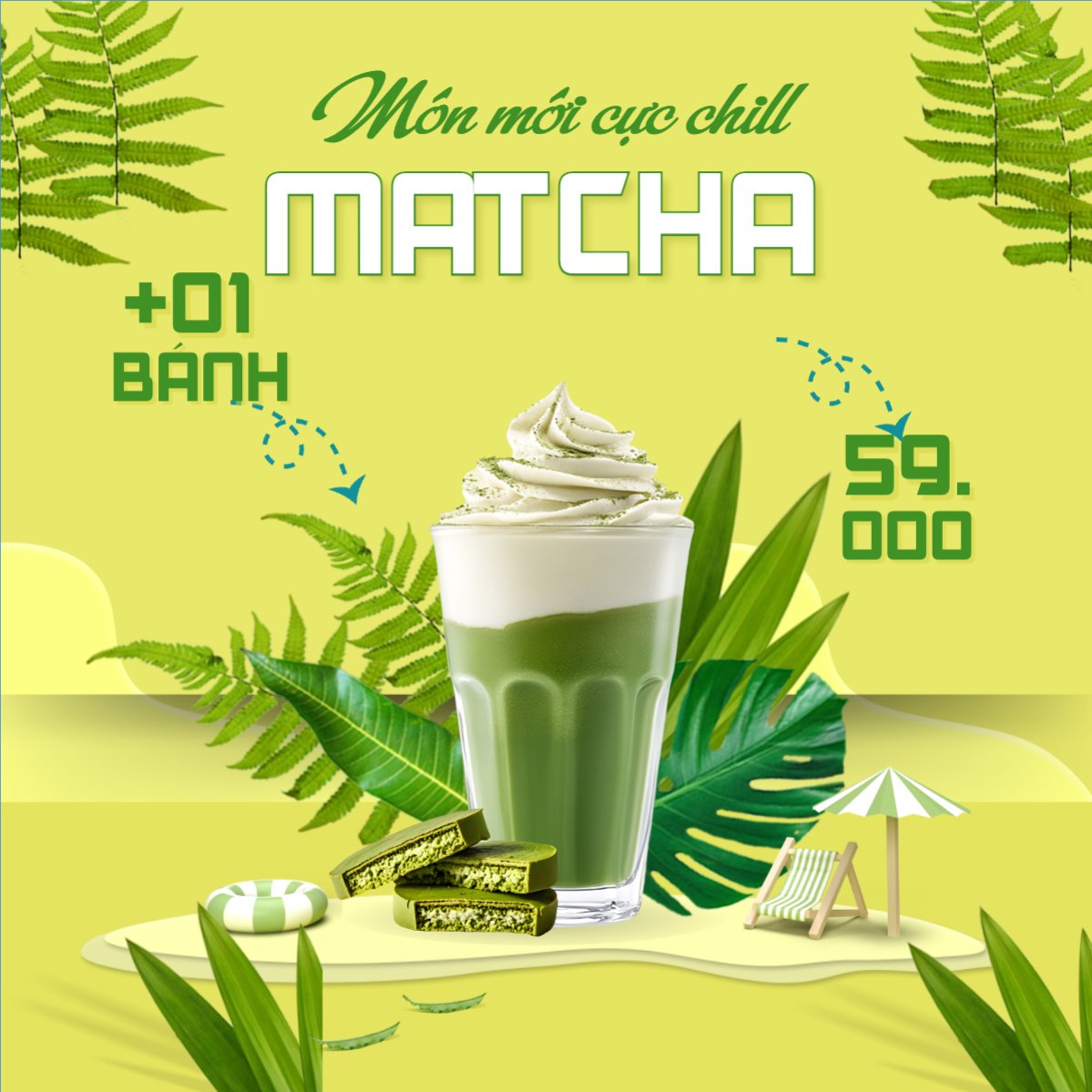 Mẫu Bài post MXH vuông Matcha latte, trà xanh, trà sữa, milktea, nước uống, juice, giải khát, F&B, drink, hiện đại — LayerPic