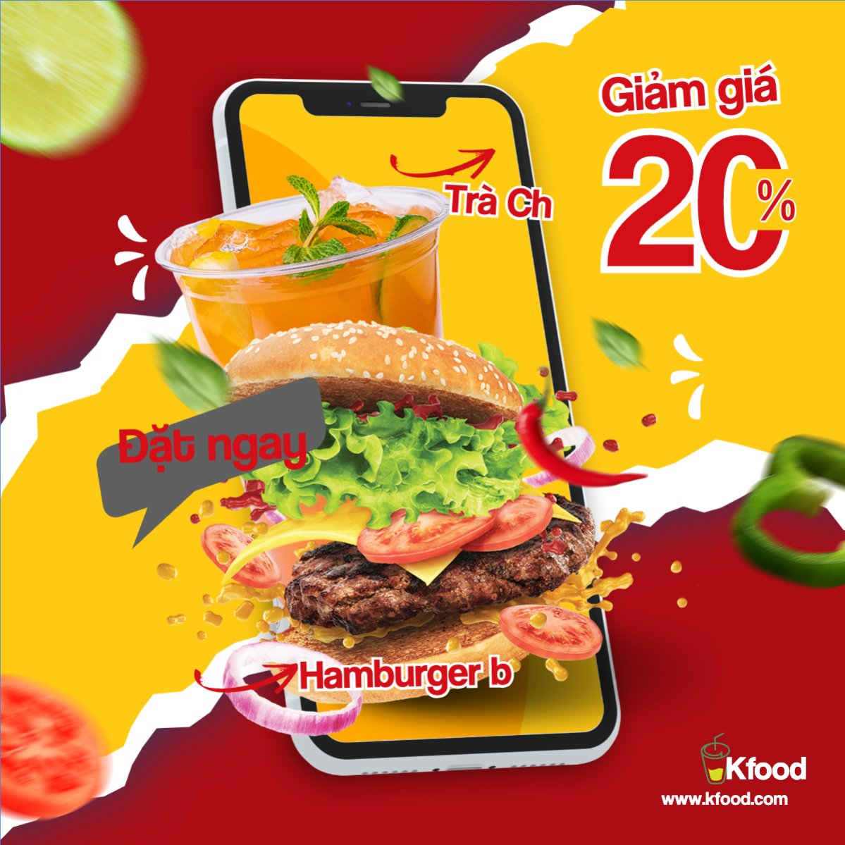 Mẫu Bài post MXH vuông Hamburger, đồ ăn, fastfood, food, thực phẩm, ẩm thực, món ăn, F&B, nhà hàng, thức ăn, hiện đại — LayerPic
