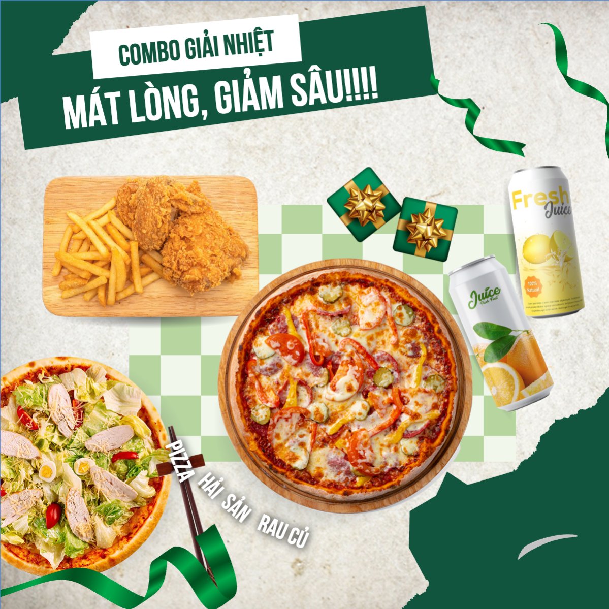 Mẫu Bài post MXH vuông Pizza, gà rán, fried chicken, đồ ăn, food, thực phẩm, ẩm thực, món ăn, F&B, nhà hàng, thức ăn, y2k, cổ điển, vintage, retro, classic — LayerPic