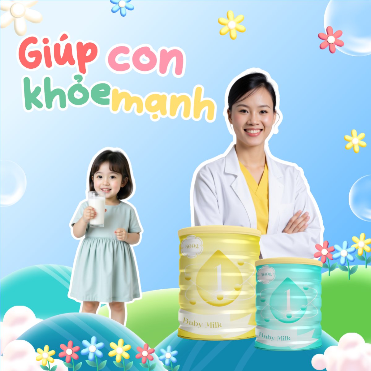 Mẫu Bài post MXH vuông Em bé, baby, trẻ em, kids, sữa, milk, đồ ăn, food, thực phẩm, ẩm thực, món ăn, F&B, thức ăn — LayerPic