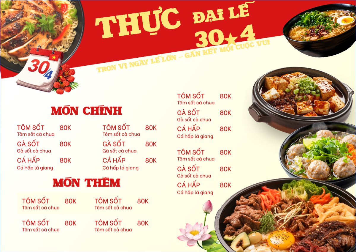 Mẫu Menu tờ rời (ngang) Đón chào Đại Lễ 30/4 — LayerPic