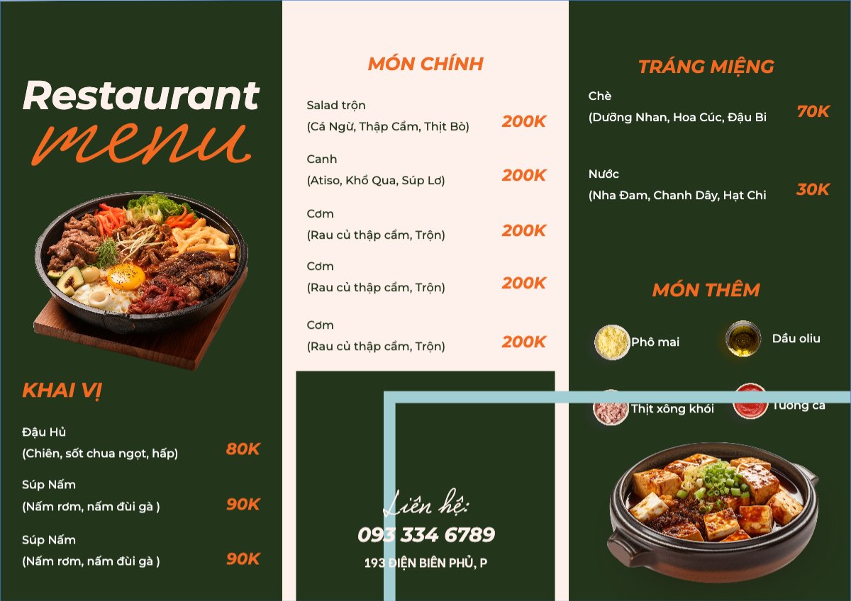 Mẫu Menu tờ rời (ngang) Đồ ăn, food, thực phẩm, ẩm thực, món ăn, F&B, nhà hàng, thức ăn, món Hàn, Korean food — LayerPic