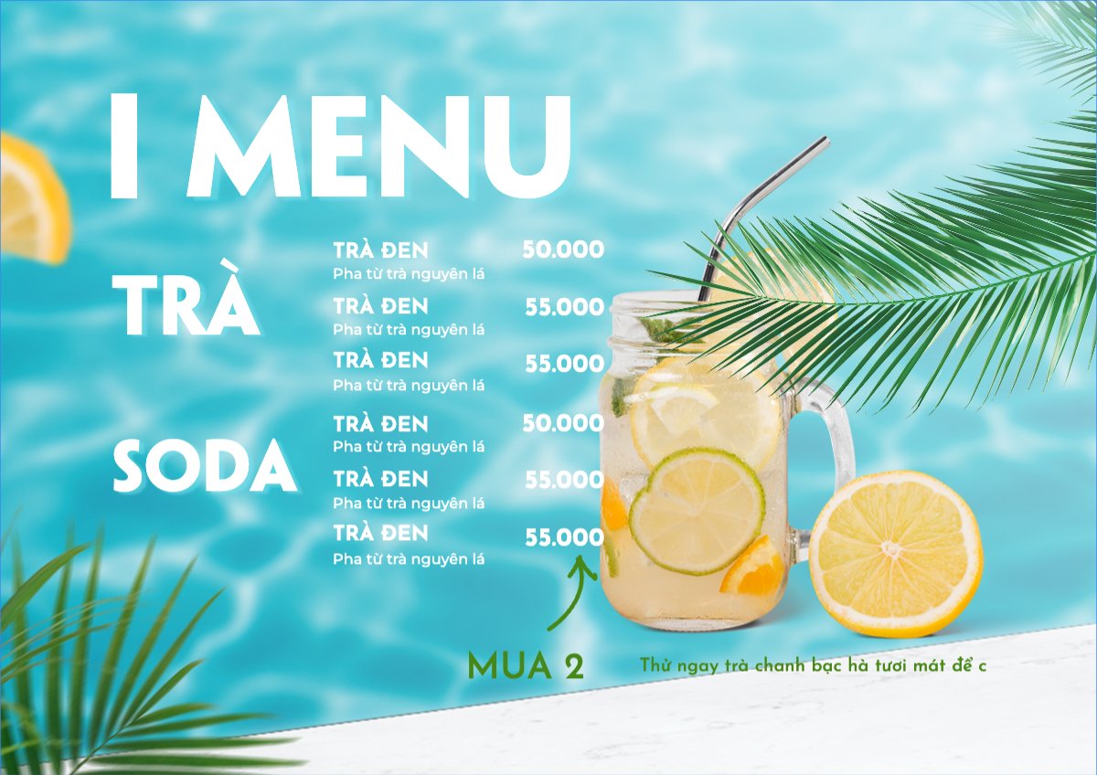 Mẫu Menu tờ rời (ngang) Nước uống, juice, giải khát, F&B, drink, nước ép, smoothie, sinh tố — LayerPic