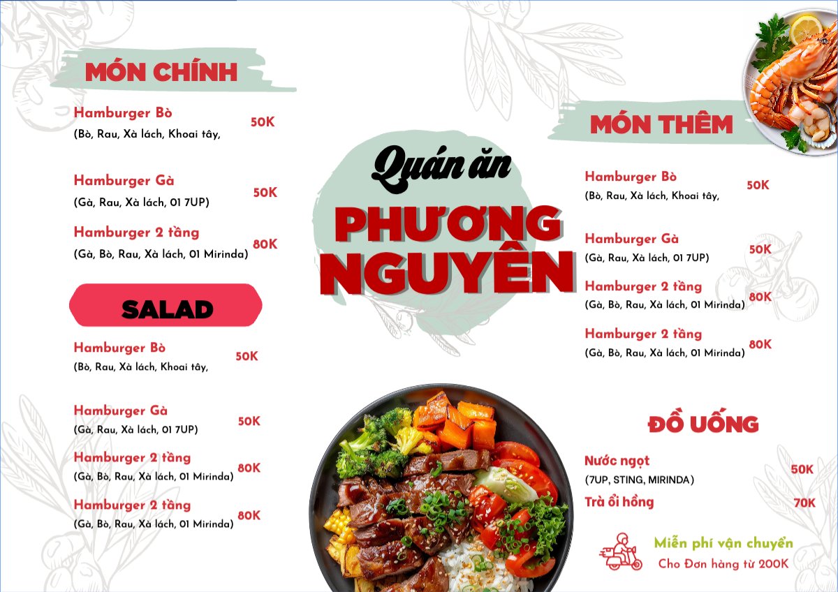 Mẫu Menu tờ rời (ngang) Đồ ăn, food, thực phẩm, ẩm thực, món ăn, F&B, nhà hàng, thức ăn — LayerPic