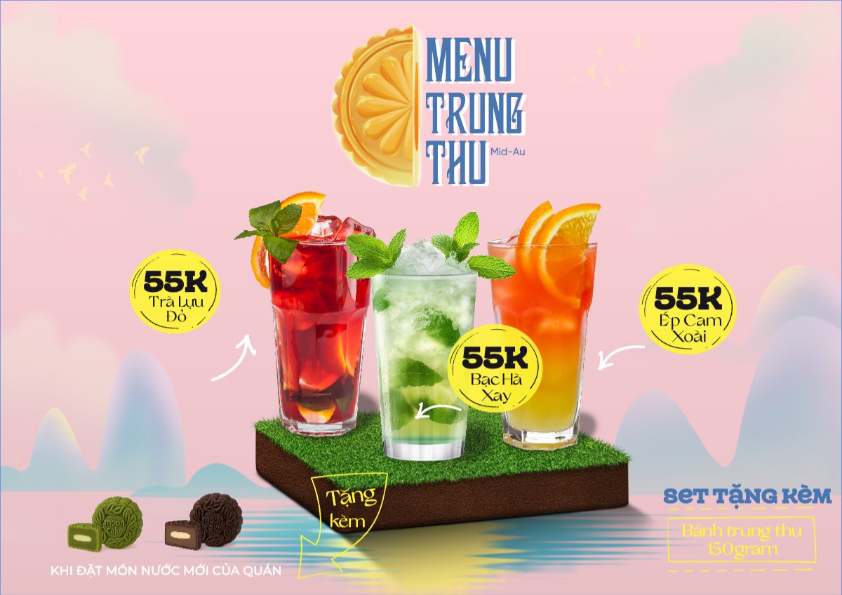 Mẫu Menu tờ rời (ngang) Trung thu, Tết Đoàn Viên, mid-autumn festival, nước uống, drink, ẩm thực, food, dễ thương, cute, chibi, hoạt hình, cartoon — LayerPic