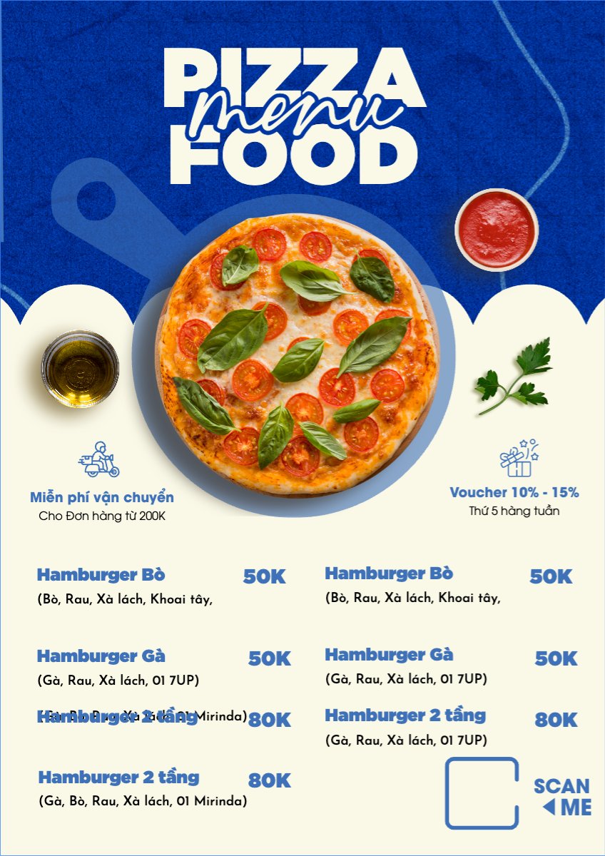 Mẫu Menu tờ rời (dọc) Đồ ăn, food, thực phẩm, ẩm thực, món ăn, F&B, nhà hàng, thức ăn, pizza — LayerPic