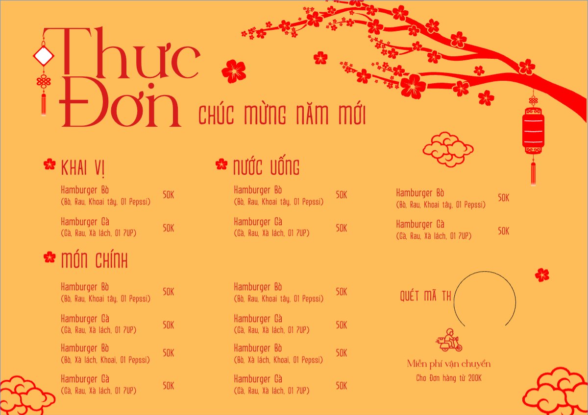 Mẫu Menu tờ rời (ngang) Tết, Xuân, Ất tỵ, năm 2025, 2025, ẩm thực, nước uống, food, drink — LayerPic