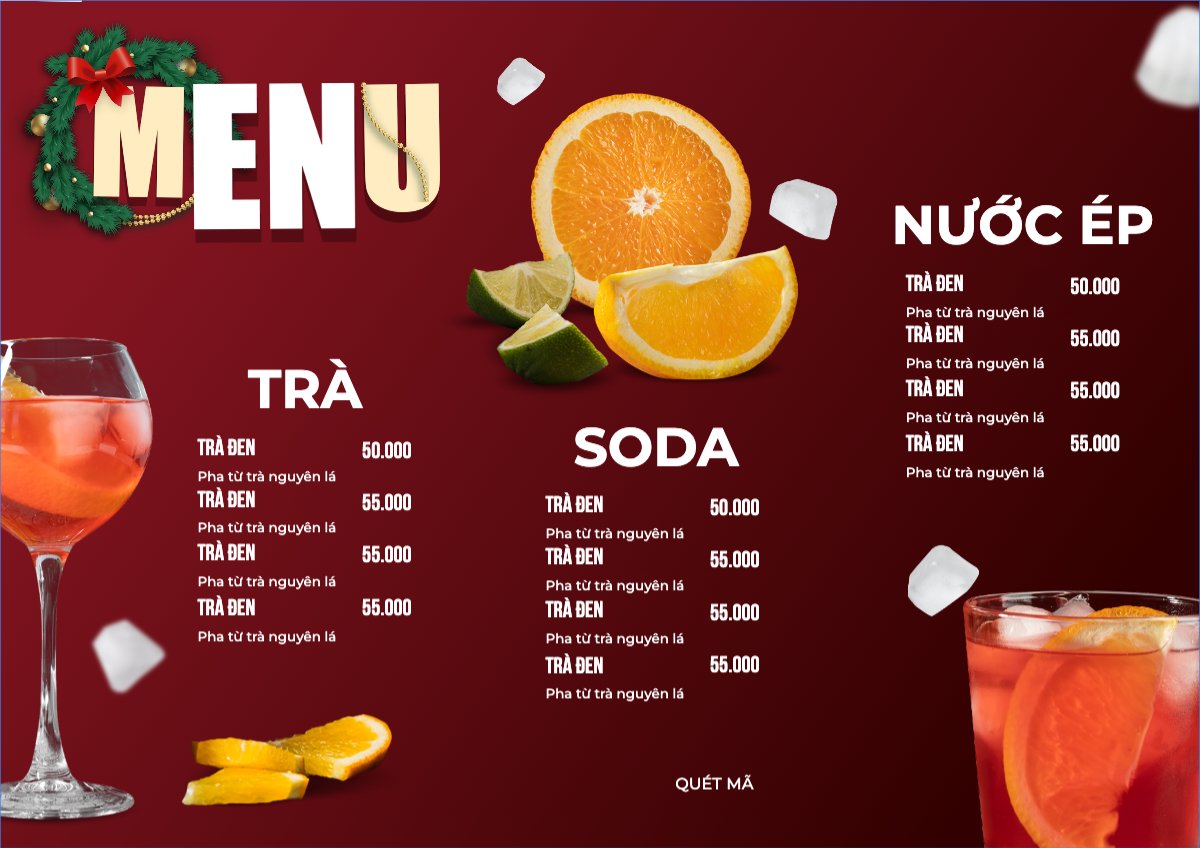 Mẫu Menu tờ rời (ngang) Giáng sinh, Christmas, Noel, 25/12, nước uống, juice, giải khát, F&B, drink — LayerPic